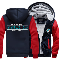 Miami Football Team Dolphins Unisex Lined Hoodie Fleece Sweatshirt Full Zipper Hooded Thicken Jacket
