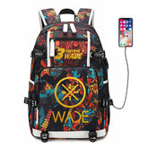 Miami Heat Basketball Wade USB Charging Backpack School Notebook Travel Bags