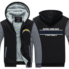 San Diego Football Team Chargers Unisex Lined Hoodie Fleece Sweatshirt Full Zipper Hooded Thicken Jacket