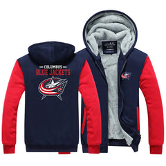 Columbus Blue Jackets Hockey Team Unisex Lined Hoodie Fleece Sweatshirt Full Zipper Hooded Thicken Jacket