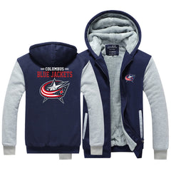 Columbus Blue Jackets Hockey Team Unisex Lined Hoodie Fleece Sweatshirt Full Zipper Hooded Thicken Jacket