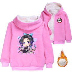 Kochou Kanae Demon Slayer Sherpa Lined Hoodie Fleece Sweatshirt Full Zip Hooded Jacket for Kids