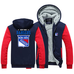 New York Rangers Jackets Hockey Team Unisex Lined Hoodie Fleece Sweatshirt Full Zipper Hooded Thicken Jacket