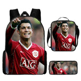 CR7 Football Ronaldo Full Printed Backpack Schoolbag Travel Notebook Bag Lunch Bag Pencil Bag for Kids Students 3PCS