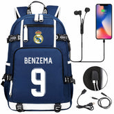 Madrid Football Benzema USB Charging Backpack School Notebook Travel Bags