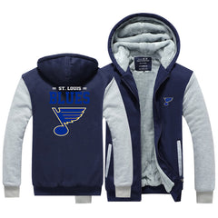 St Louis Blues Jackets Hockey Team Unisex Lined Hoodie Fleece Sweatshirt Full Zipper Hooded Thicken Jacket