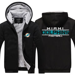 Miami Football Team Dolphins Unisex Lined Hoodie Fleece Sweatshirt Full Zipper Hooded Thicken Jacket