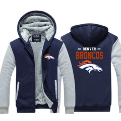 Denver Football Broncos Unisex Lined Hoodie Fleece Sweatshirt Full Zipper Hooded Thicken Jacket