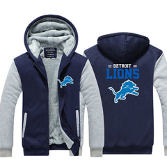 Detroit Football Lions Unisex Lined Hoodie Fleece Sweatshirt Full Zipper Hooded Thicken Jacket