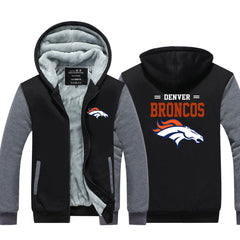Denver Football Broncos Unisex Lined Hoodie Fleece Sweatshirt Full Zipper Hooded Thicken Jacket