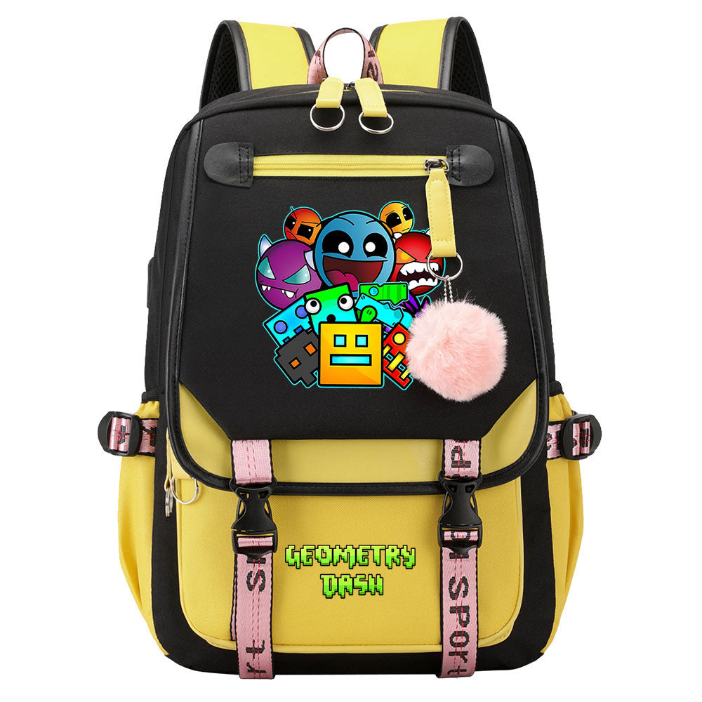 Geometry Dash Waterproof Backpack School Notebook Travel Bags USB Charging