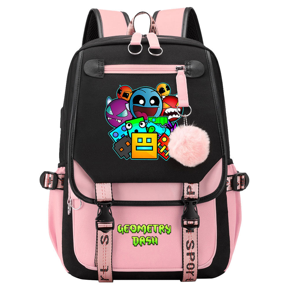 Geometry Dash Waterproof Backpack School Notebook Travel Bags USB Charging