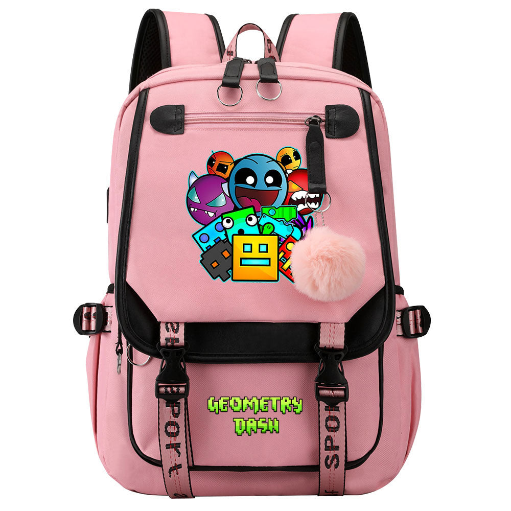 Geometry Dash Waterproof Backpack School Notebook Travel Bags USB Charging