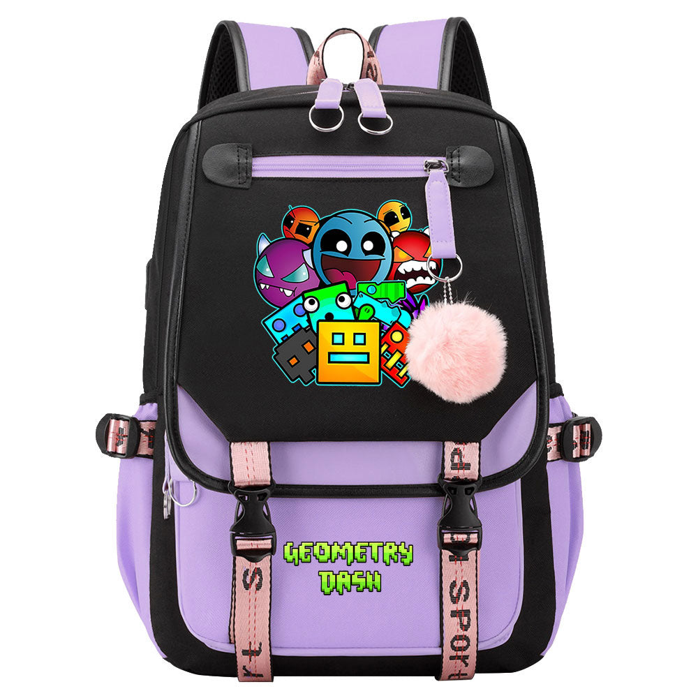 Geometry Dash Waterproof Backpack School Notebook Travel Bags USB Charging