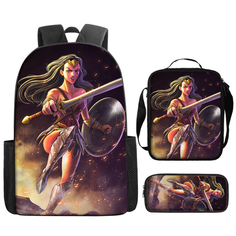 Wonder Woman Full Printed Backpack Schoolbag Travel Notebook Bag Lunch Bag Pencil Bag for Kids Students 3PCS