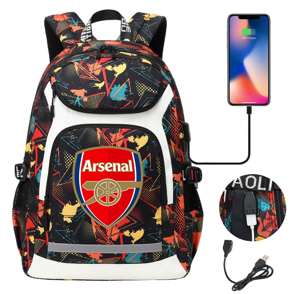 Arsenal Football Club USB Charging Backpack School Notebook Travel Bags