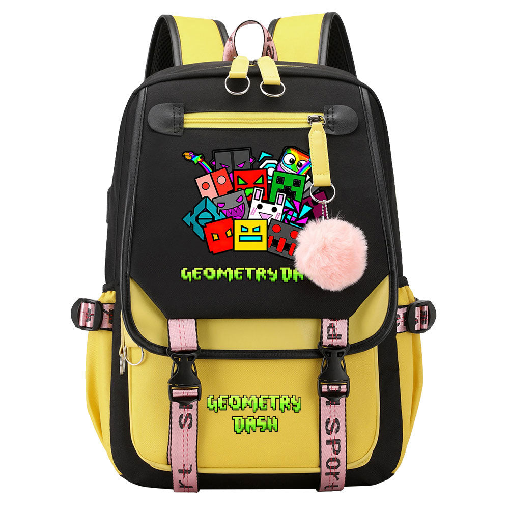 Geometry Dash Waterproof Backpack School Notebook Travel Bags USB Charging