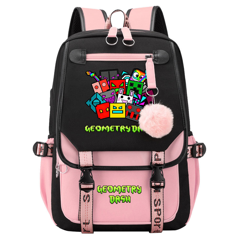 Geometry Dash Waterproof Backpack School Notebook Travel Bags USB Charging