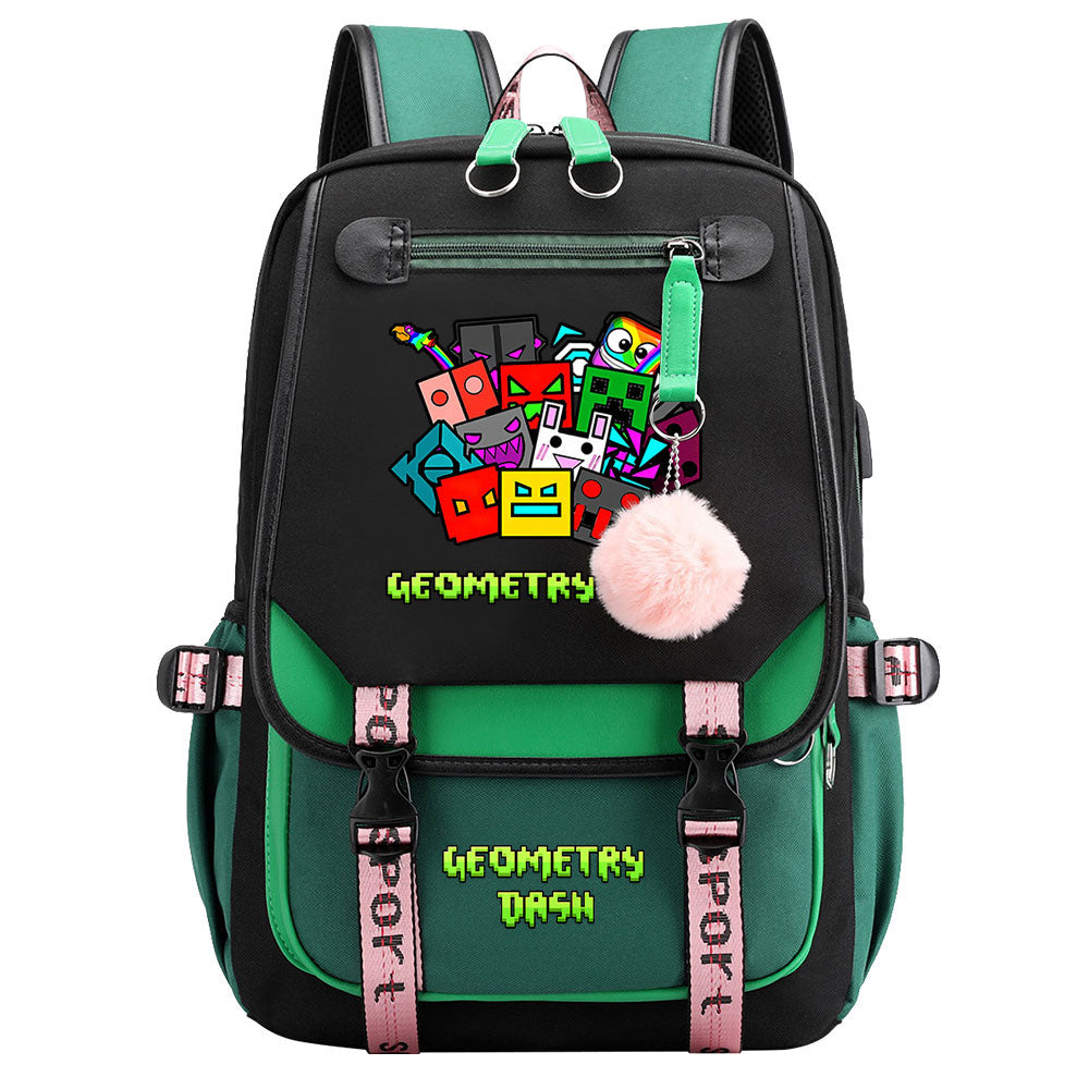Geometry Dash Waterproof Backpack School Notebook Travel Bags USB Charging