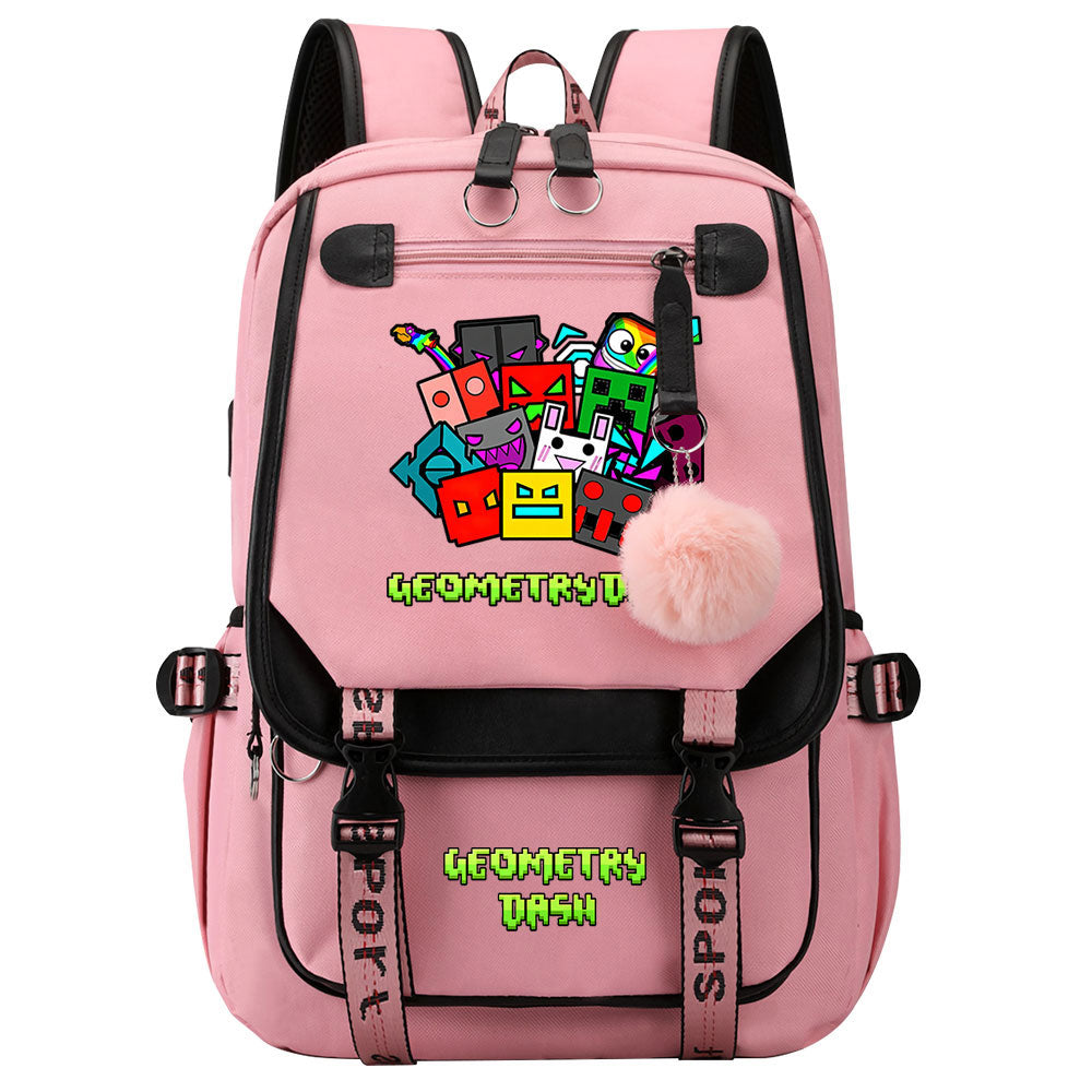 Geometry Dash Waterproof Backpack School Notebook Travel Bags USB Charging