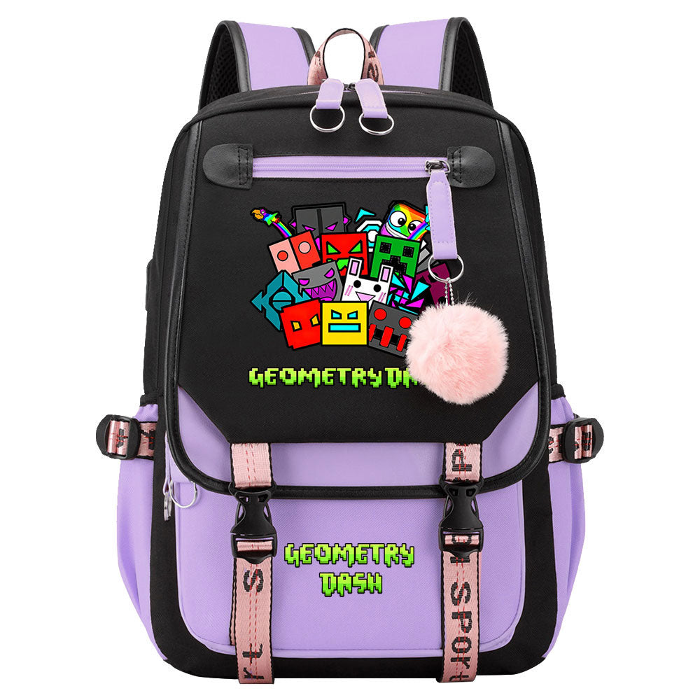 Geometry Dash Waterproof Backpack School Notebook Travel Bags USB Charging