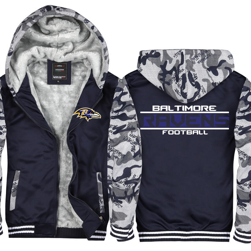 Baltimore Football Team Ravens Unisex Lined Hoodie Fleece Sweatshirt Full Zipper Hooded Thicken Jacket