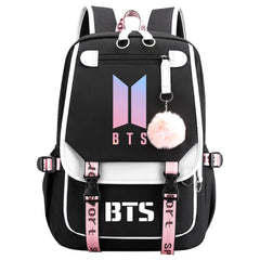 BTS Cartoon Waterproof Backpack School Notebook Travel Bag USB Charging