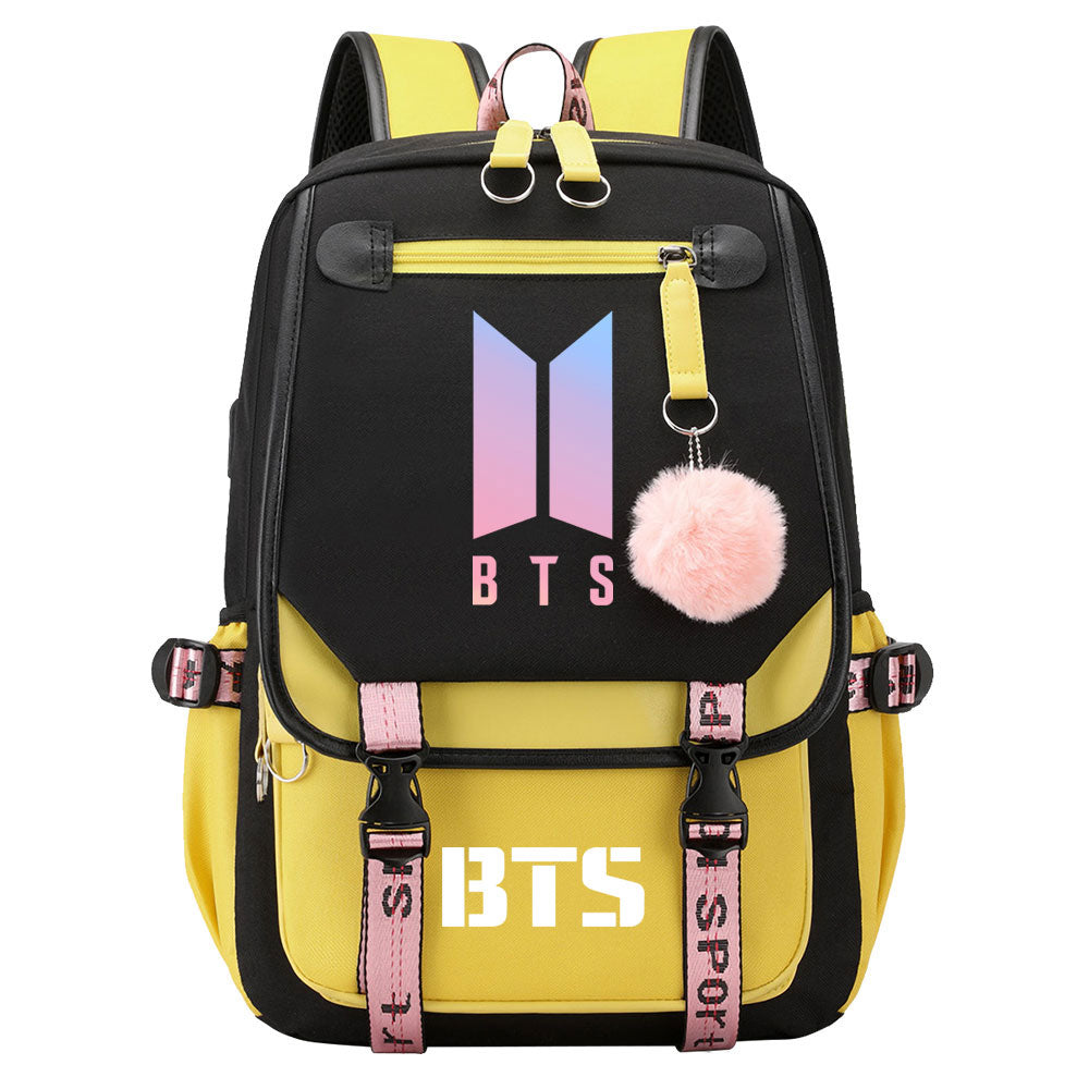 BTS Cartoon Waterproof Backpack School Notebook Travel Bag USB Charging