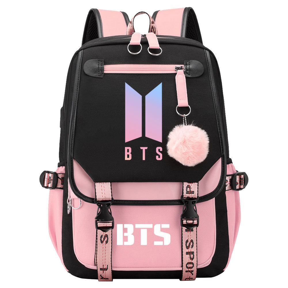 BTS Cartoon Waterproof Backpack School Notebook Travel Bag USB Charging