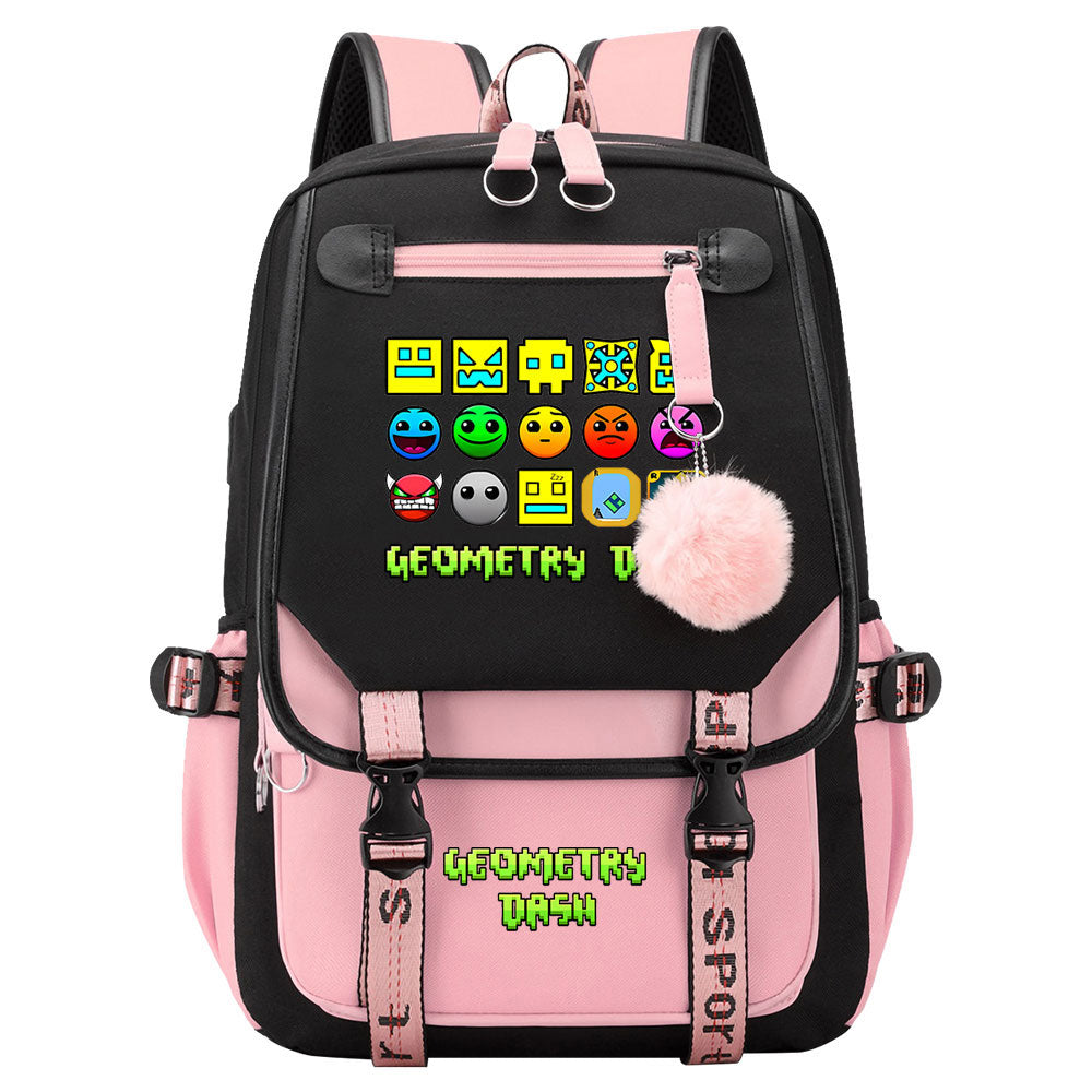 Geometry Dash Waterproof Backpack School Notebook Travel Bags USB Charging
