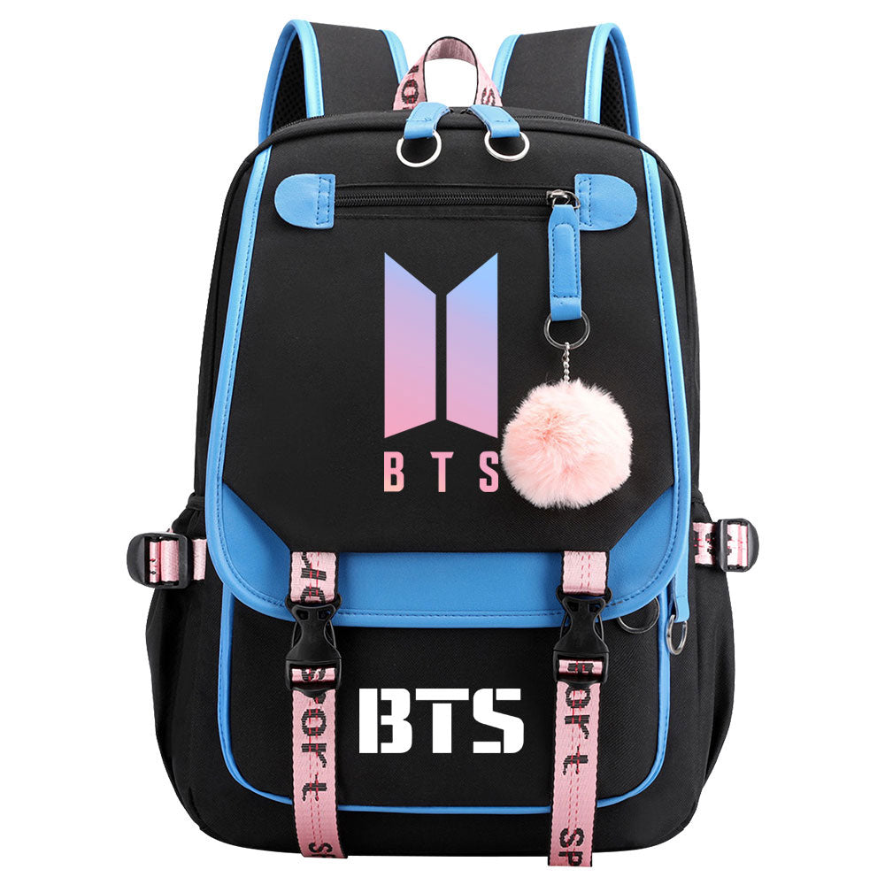 BTS Cartoon Waterproof Backpack School Notebook Travel Bag USB Charging