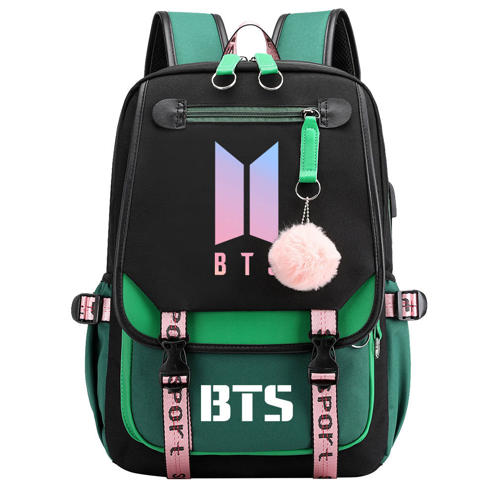 BTS Cartoon Waterproof Backpack School Notebook Travel Bag USB Charging