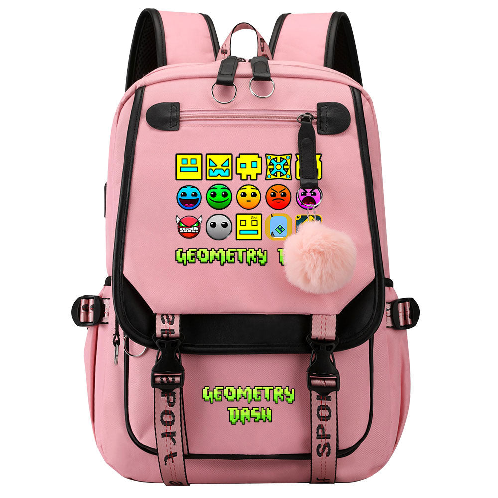 Geometry Dash Waterproof Backpack School Notebook Travel Bags USB Charging