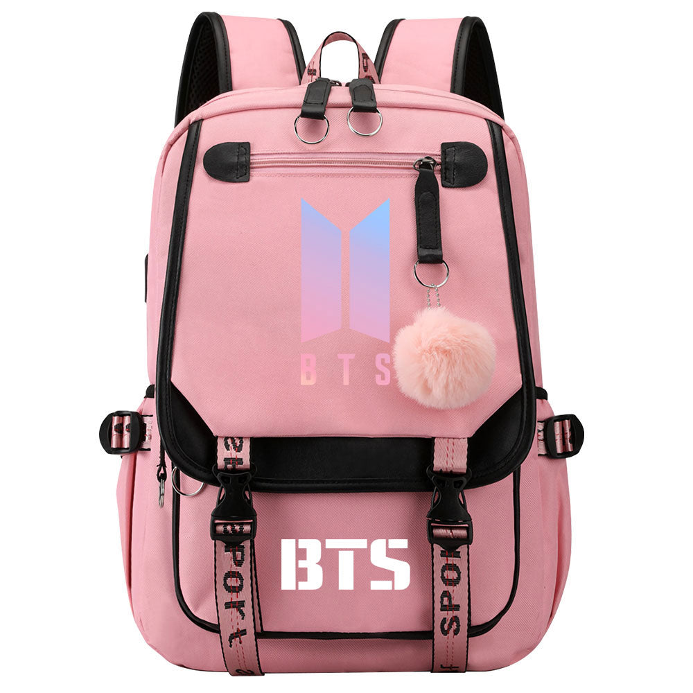 BTS Cartoon Waterproof Backpack School Notebook Travel Bag USB Charging