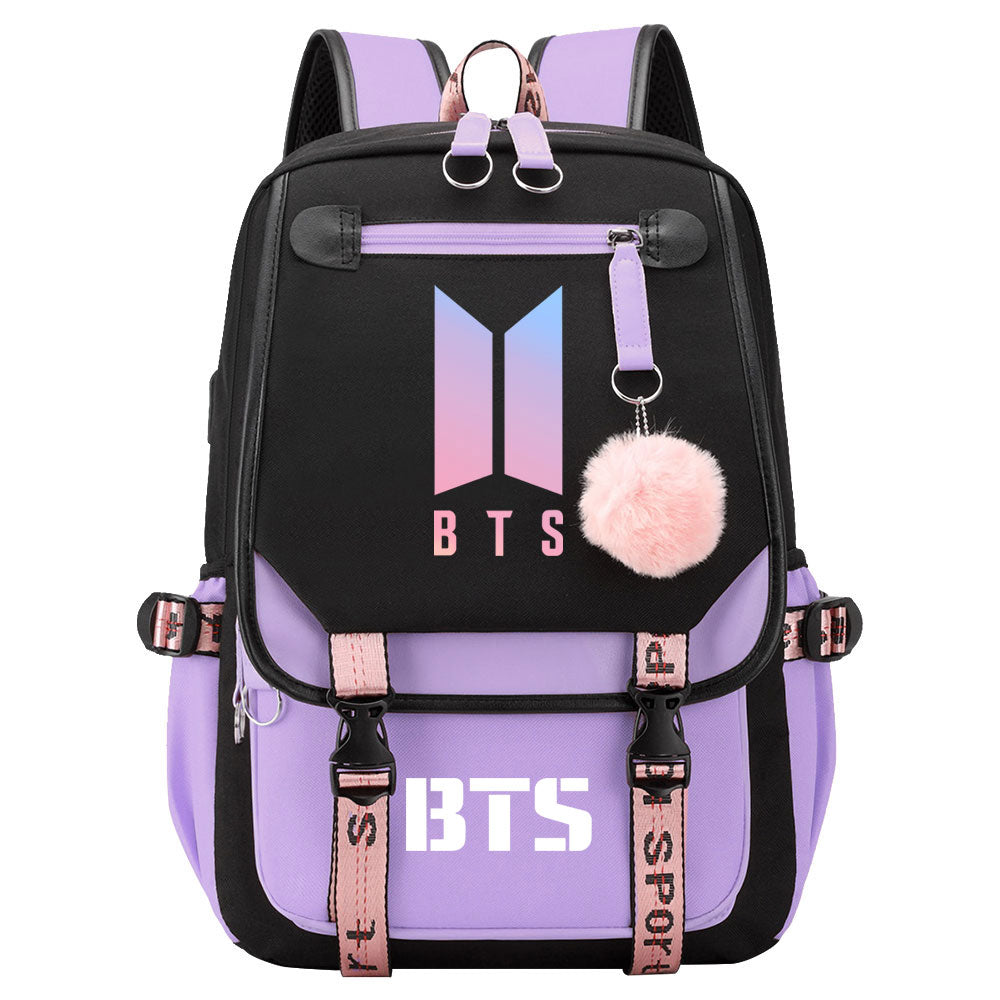 BTS Cartoon Waterproof Backpack School Notebook Travel Bag USB Charging