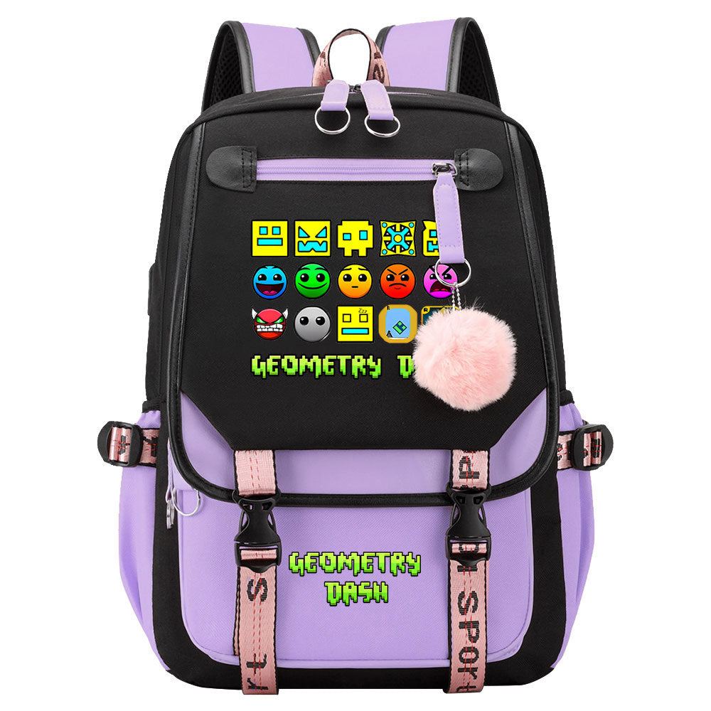Geometry Dash Waterproof Backpack School Notebook Travel Bags USB Charging