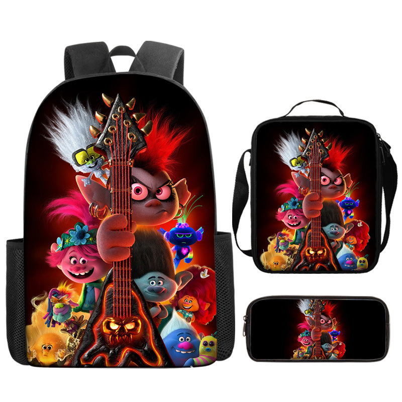 Trolls Full Printed Backpack Schoolbag Travel Notebook Bag Lunch Bag Pencil Bag for Kids Students 3PCS