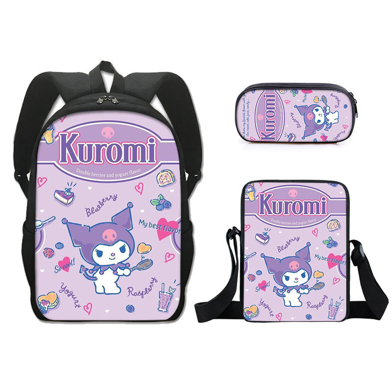 Kuromi Full Printed Backpack Schoolbag Travel Notebook Bag Lunch Bag Pencil Bag for Kids Students 3PCS