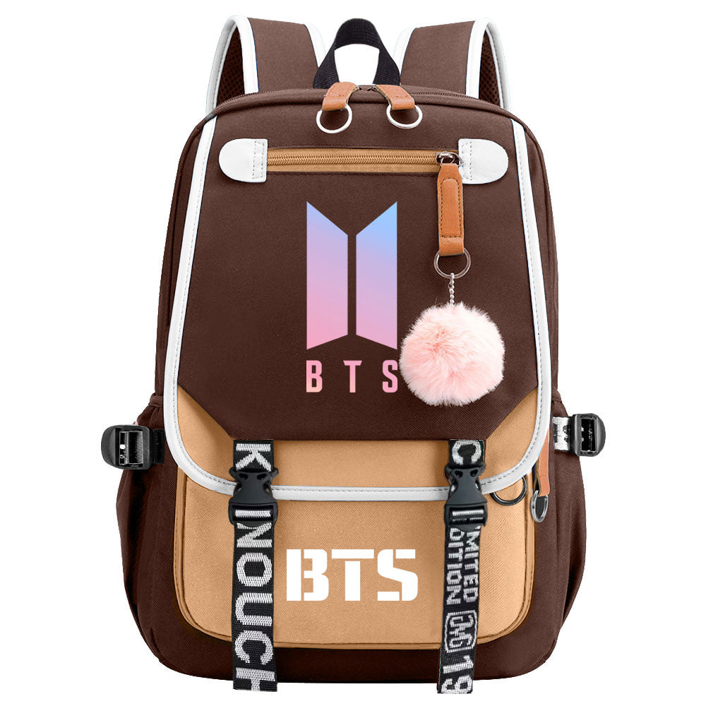 BTS Cartoon Waterproof Backpack School Notebook Travel Bag USB Charging
