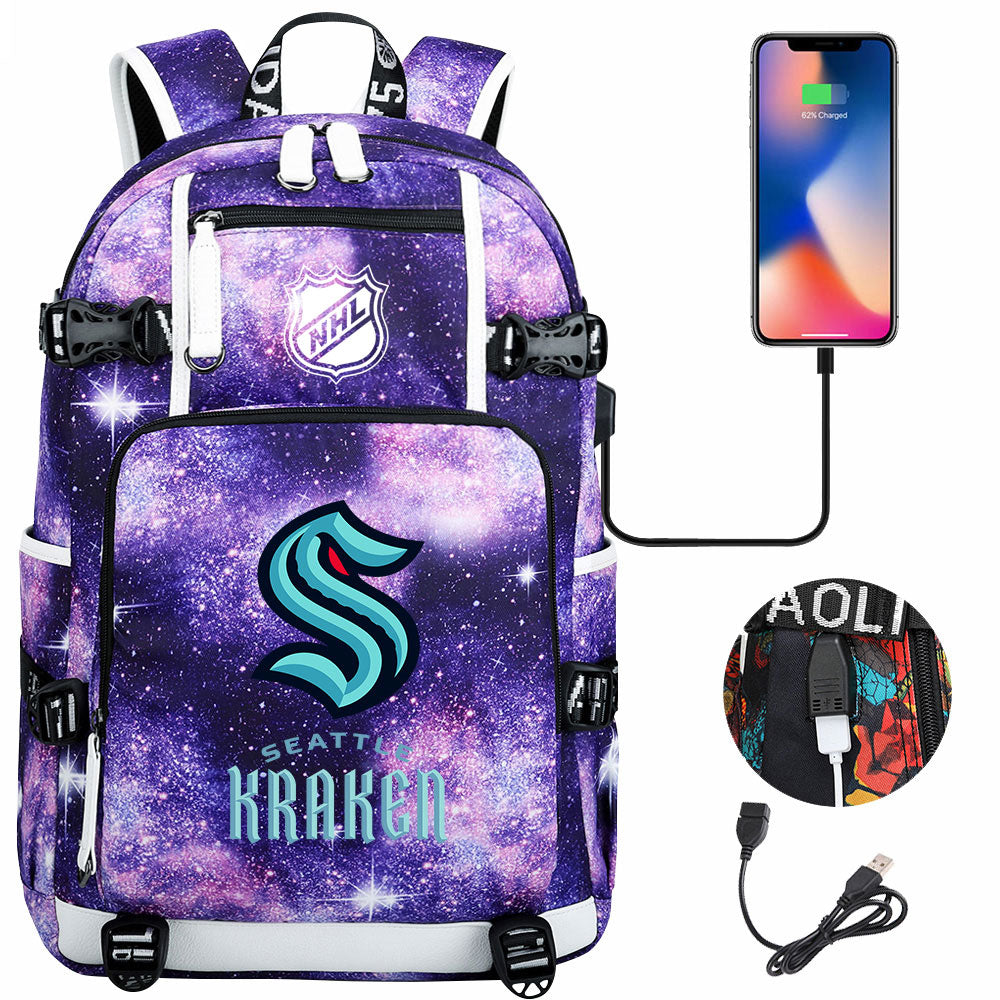 Seattle Kraken Hockey League USB Charging Backpack School Notebook Travel Bags