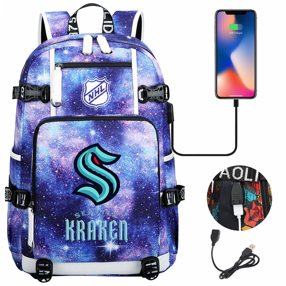 Seattle Kraken Hockey League USB Charging Backpack School Notebook Travel Bags