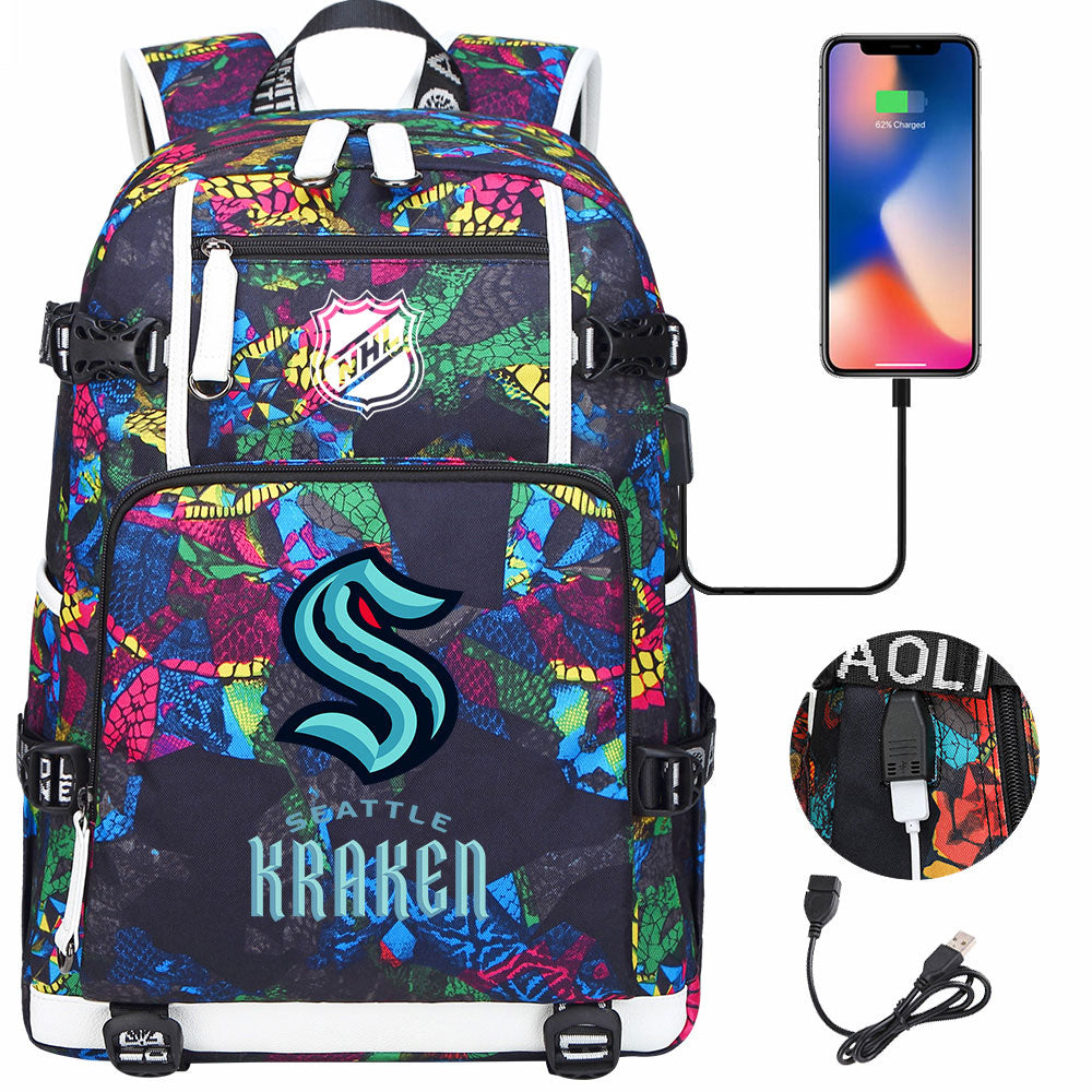 Seattle Kraken Hockey League USB Charging Backpack School Notebook Travel Bags