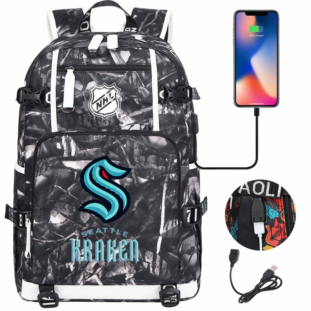 Seattle Kraken Hockey League USB Charging Backpack School Notebook Travel Bags