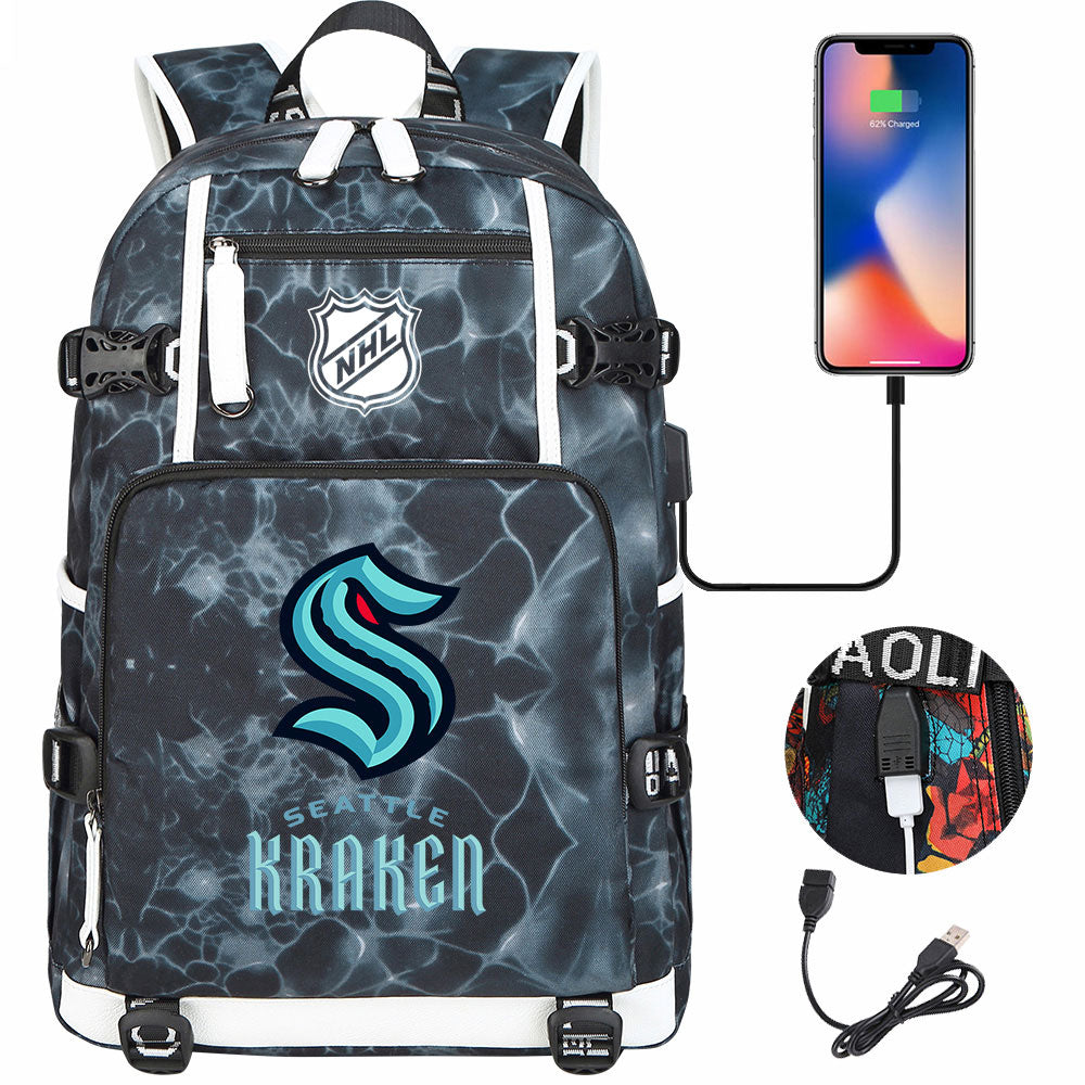 Seattle Kraken Hockey League USB Charging Backpack School Notebook Travel Bags