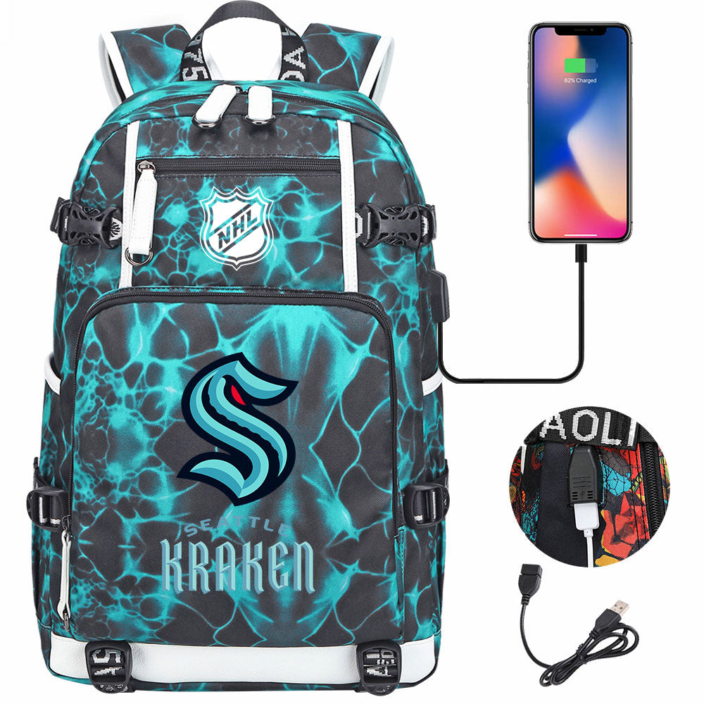 Seattle Kraken Hockey League USB Charging Backpack School Notebook Travel Bags