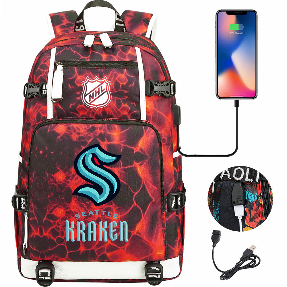 Seattle Kraken Hockey League USB Charging Backpack School Notebook Travel Bags