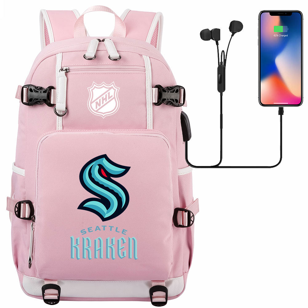 Seattle Kraken Hockey League USB Charging Backpack School Notebook Travel Bags