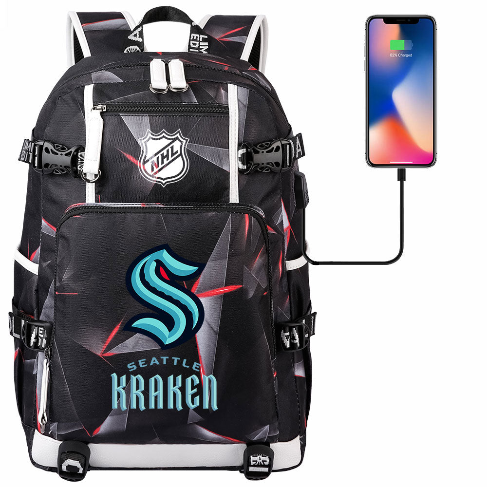 Seattle Kraken Hockey League USB Charging Backpack School Notebook Travel Bags