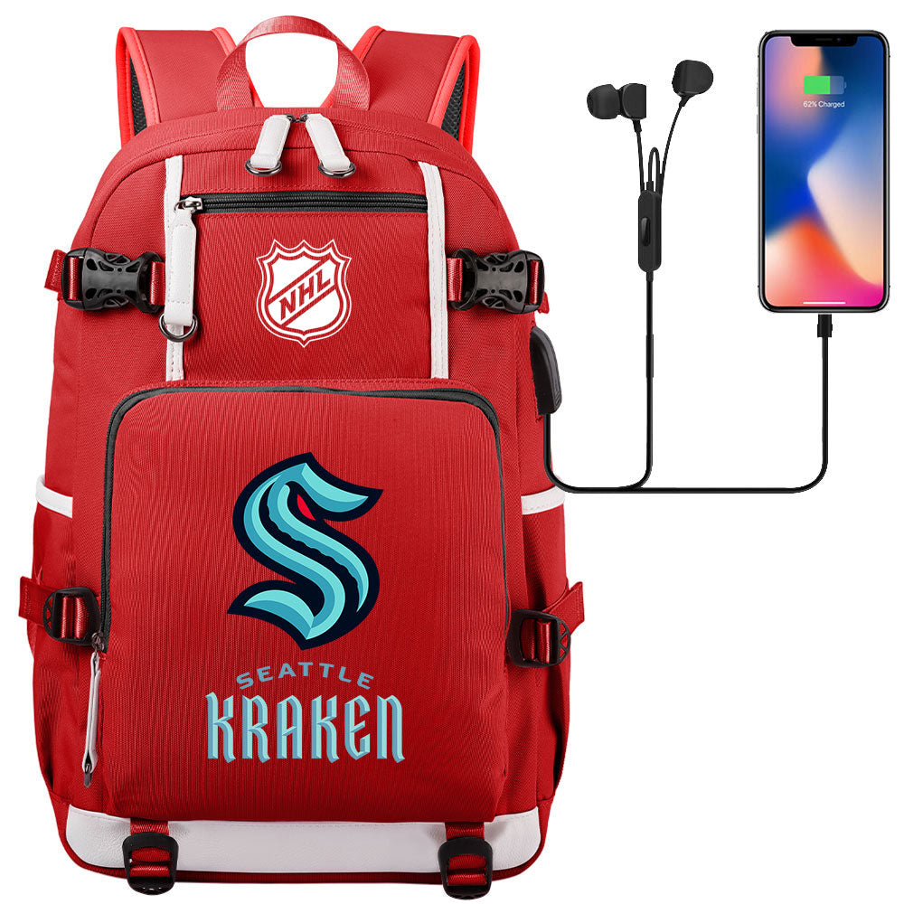 Seattle Kraken Hockey League USB Charging Backpack School Notebook Travel Bags