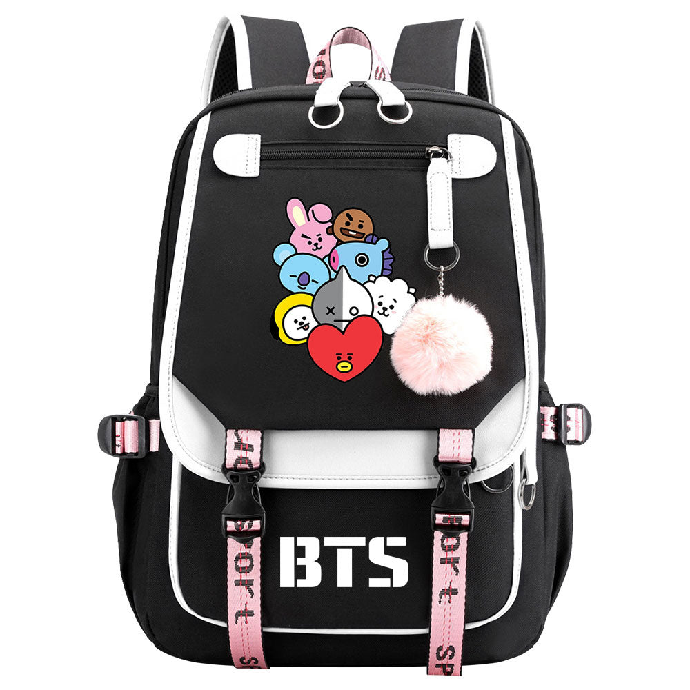 BTS Cartoon Waterproof Backpack School Notebook Travel Bag USB Charging
